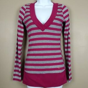 Guess Striped V-Neck Long Sleeve Top Size Medium